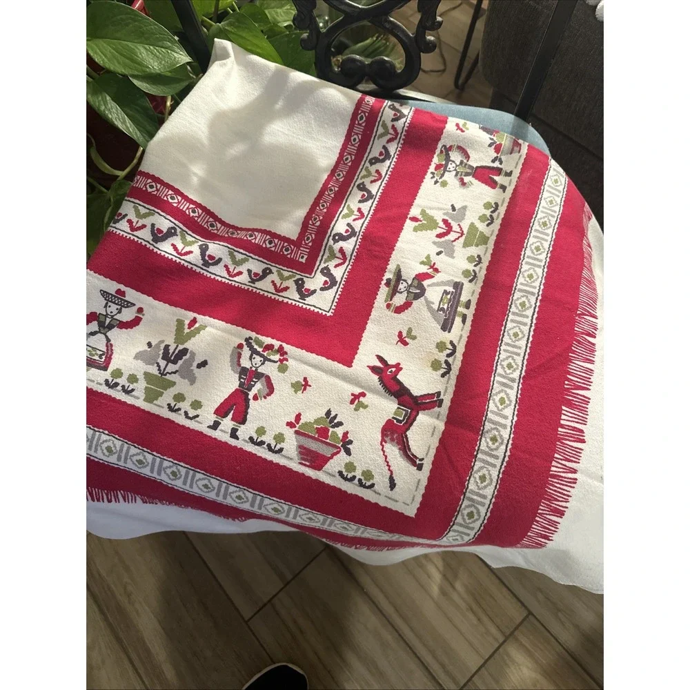 Beautiful  1960's Style Folk Art Red-green Cotton Tablecloth 52x46